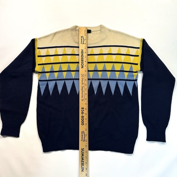 HEAD Geometric Wool Blend Sweater Retro Knit Pullover Navy Yellow Blue Large - Picture 5 of 12